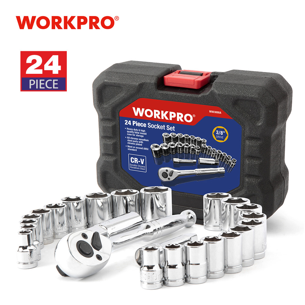 WORKPRO 24 Buah Set Alat Kunci Pas Soket Set 3/8 "Kunci Pas Ratchet Kunci Pas Soket