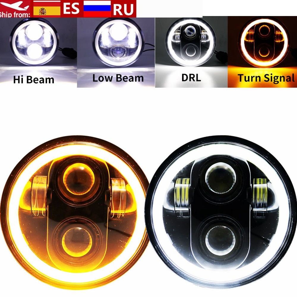 Proyektor Lampu Depan LED 5.75 Inci Cincin Halo H4 Sepeda Motor 5 3/4 "DRL Sinyal Belok untuk Harley