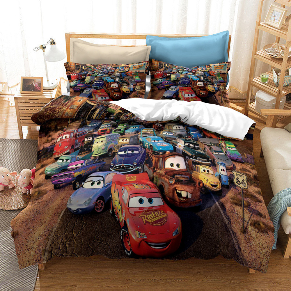 Set Tempat Tidur Mobil Kartun untuk Anak Laki-laki Disney Anime Mcqueen Figure Selimut Penutup Ganda