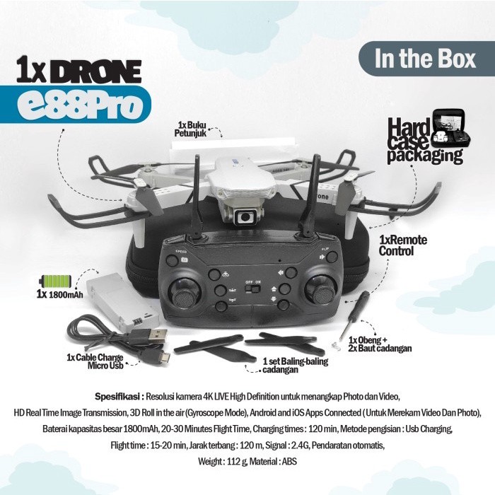 Drone E88pro 4K Ultra HD Foldable Drone Lipat Single Camera