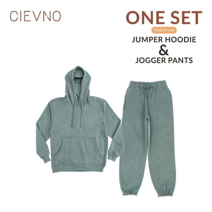 One Set Hoodie Jumper + Joger Premium Seagreen Pria & Wanita