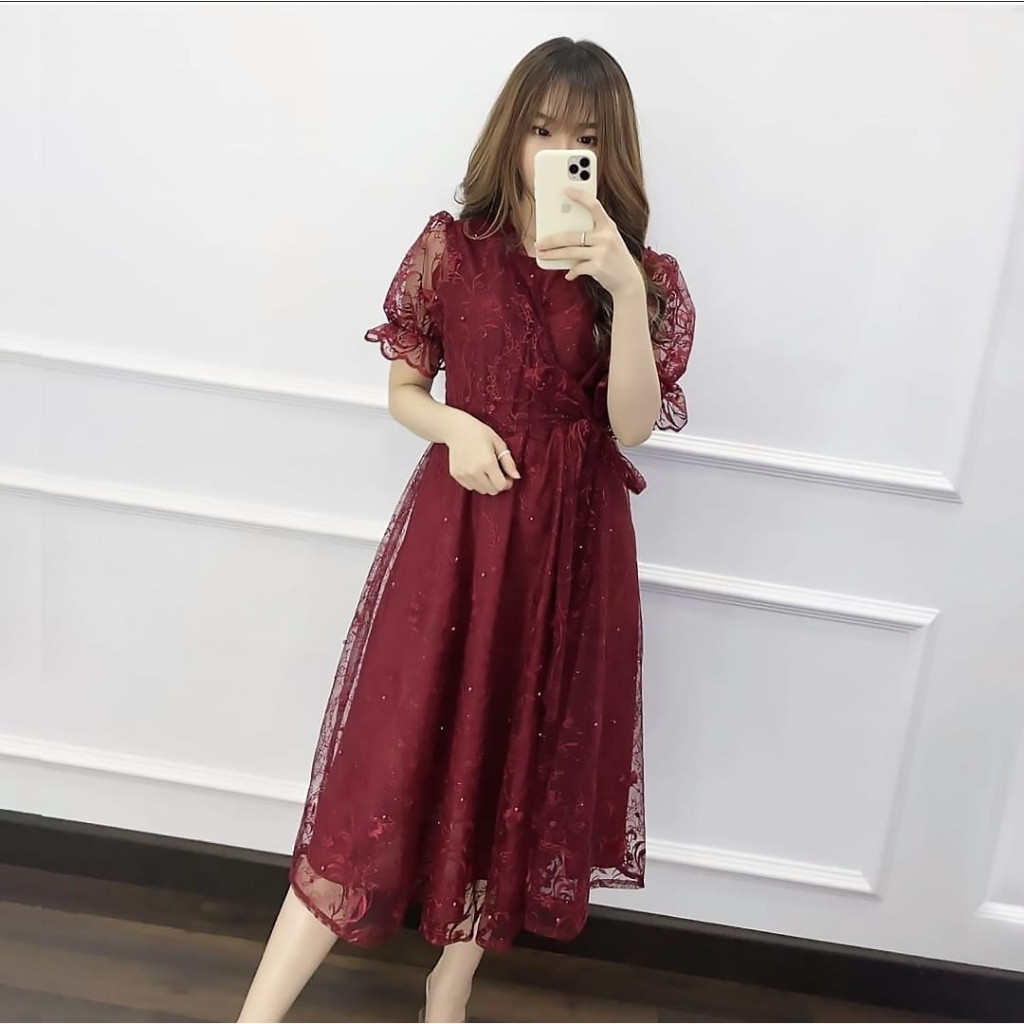 Dres Wanita Brokat Selutut Kristen Korean Style Viral Dreas Bruklat Cewek Remaja Pesta Pernikahan