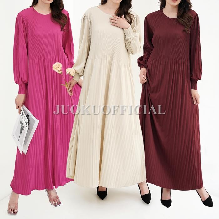 Maxi Dress Plisket Lidi Cabang Lengan Balon Dress Lengan Panjang Dress Panjang Gaun Plisket Panjang