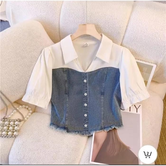 -Kemeja Crop Casual Wanita Denim Jeans Lengan Pendek