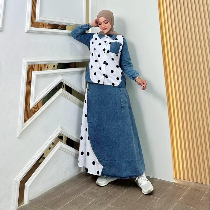 Zefanya One Set Jeans Polkadot Fashion Muslim Wanita Kekinian