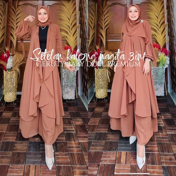Setelan Kalong Nagita Satu Set Jilbab ,Pakaian Muslimah Terbaru ,Outer ,Kardigan,Celana Kulot Palazo
