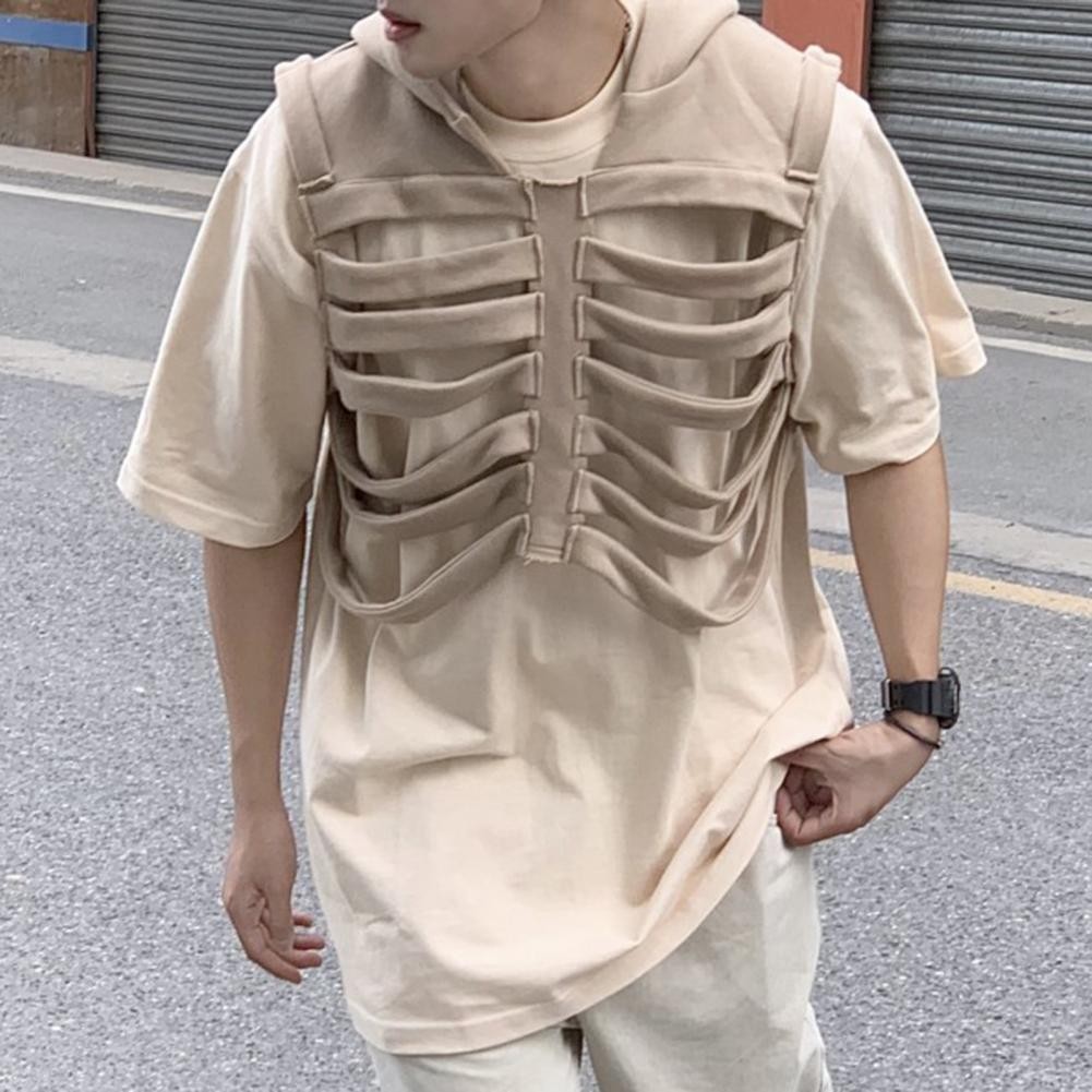 Men Hooded Vest Sexy American Hip-Hop Skeleton Rib Vest Men'S Sleeveless Hooded Vest Retro Jacket