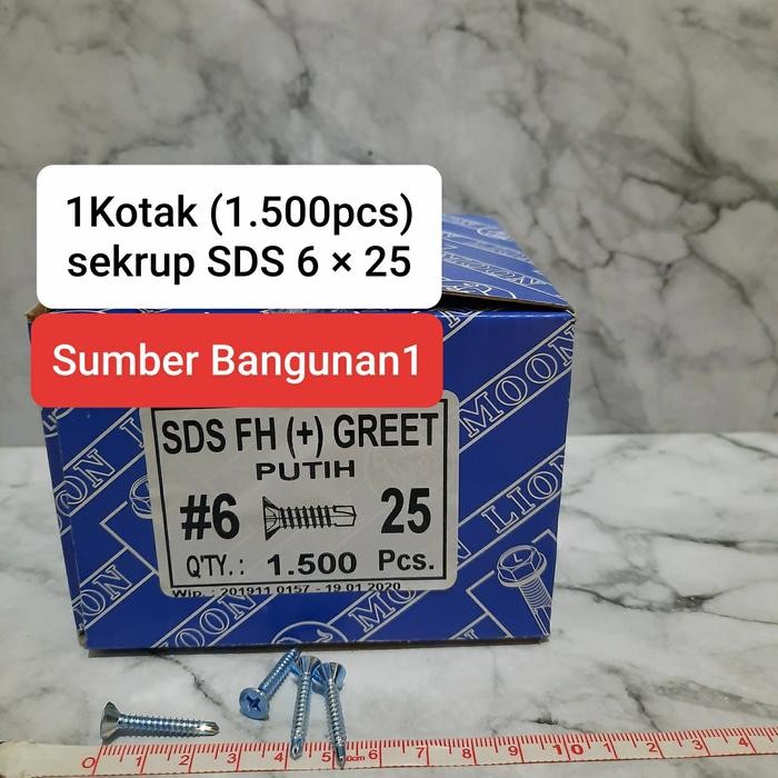 SEKRUP SDS FH 6 X 25 PUTIH 1KOTAK (1.500PCS) SKRUP GRC CALCIBOARD 6X25 TERLARIS