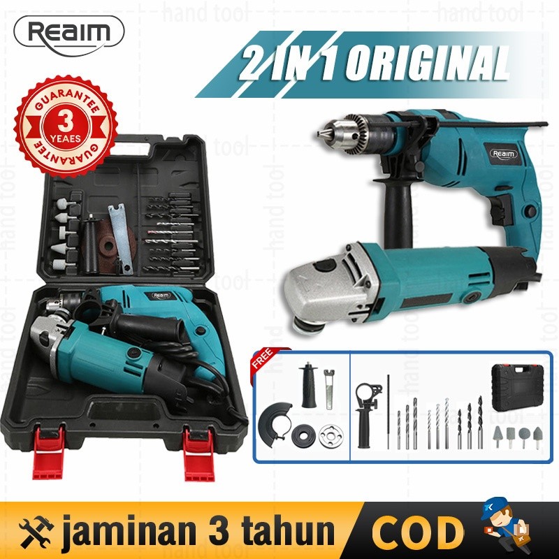 Reaim Mesin Gerinda Tangan Dan Mesin Bor Listrik 13Mm Set Gerinda Dan Bor Paket Bor Gerinda Free