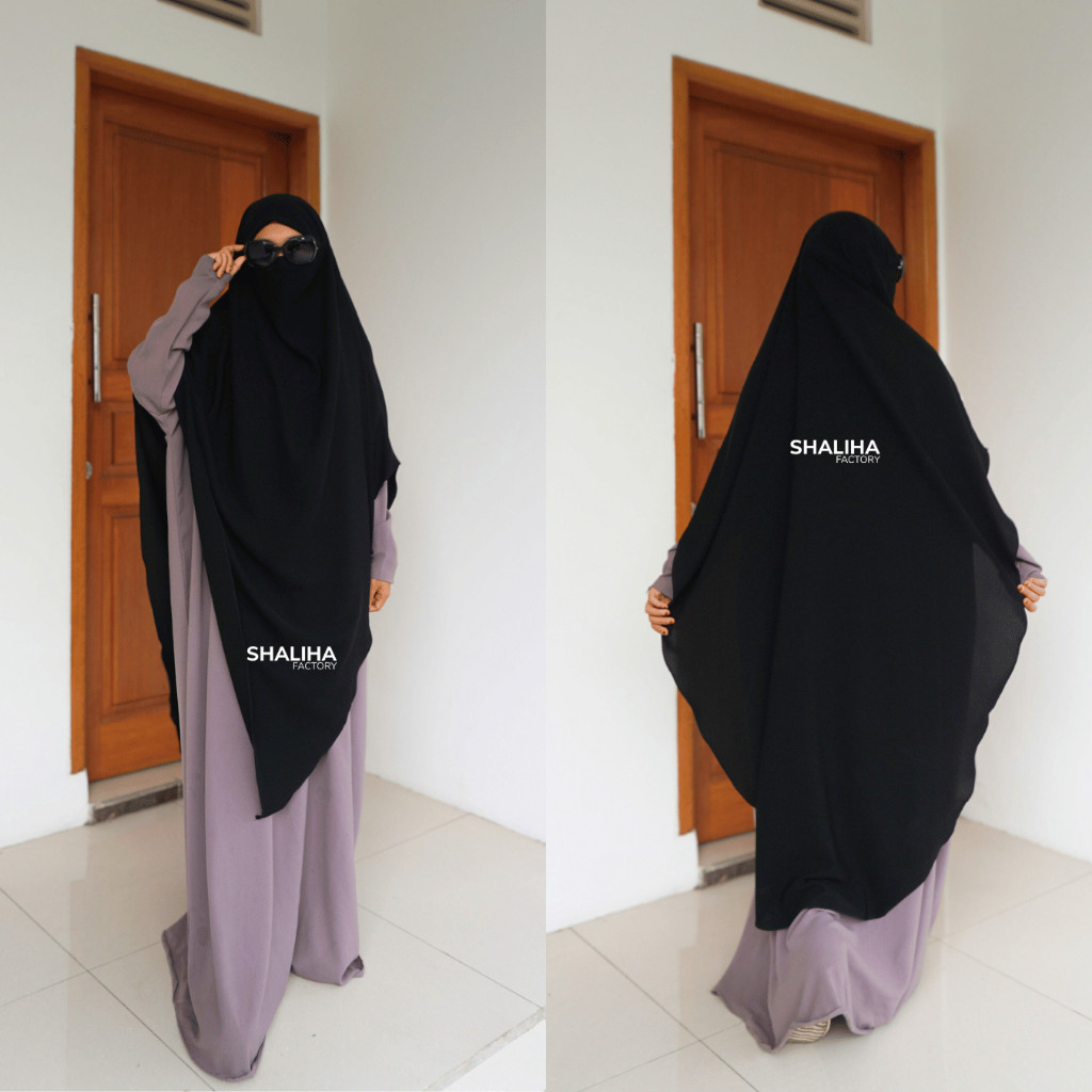 ShalihaFactory - Mina French Khimar Slim Long V Oval Shape Jet Black Premium JD7