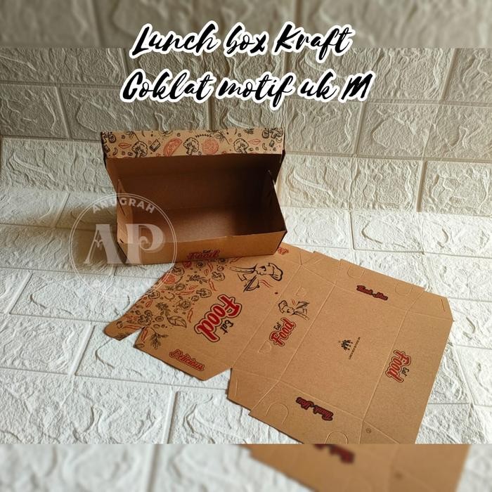 Lun Box Kraft Motif merah Hitam EAT FOOD / Paper Lun kotak makan