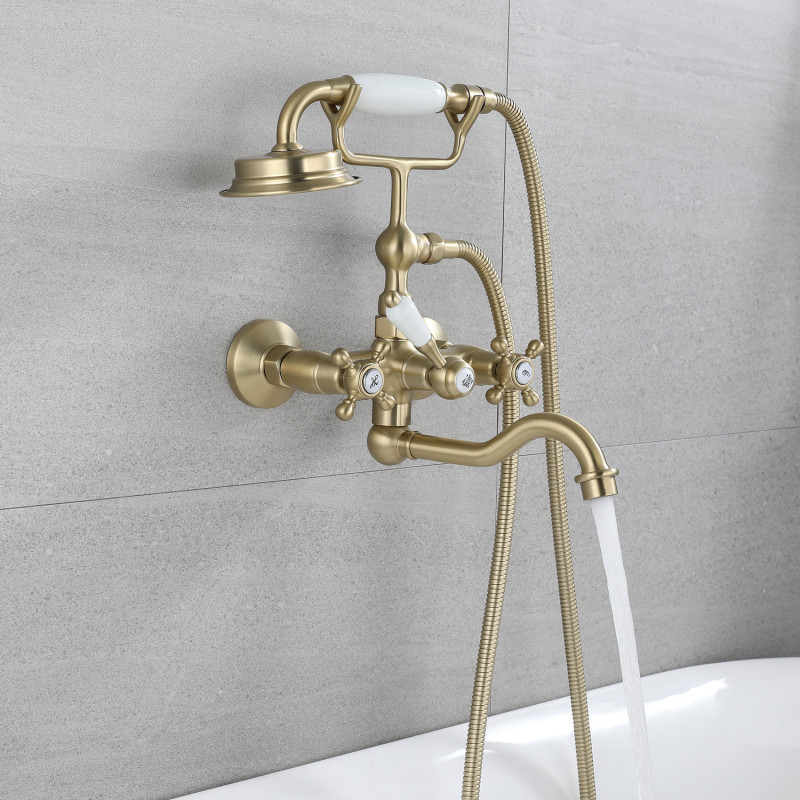 Brush Gold Bathtub Shower Set Wall Mounted Chrome Shower Faucet Brass