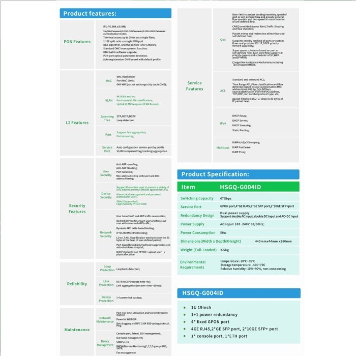 OLT GPON HSGQ G04ID 4port GPON OLT 10G Uplink AC+48V DC HSGQ-G004ID