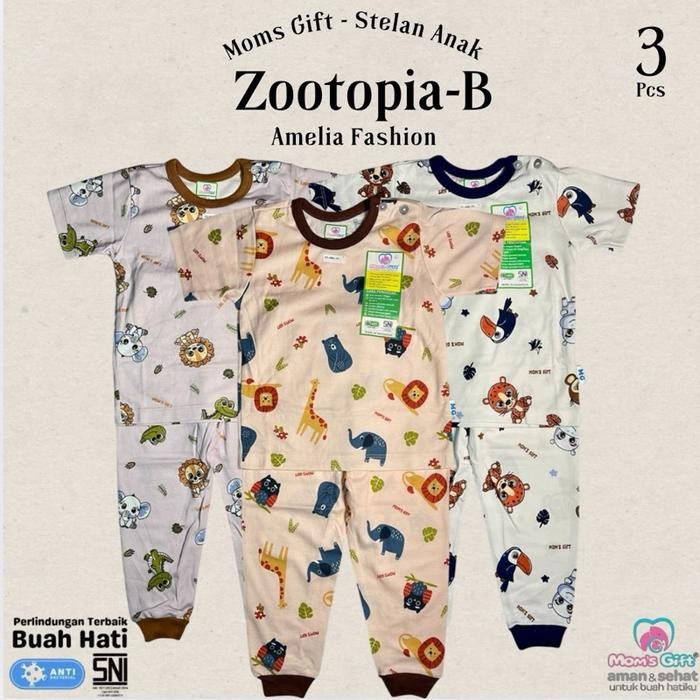 Moms Gift - 3 Pcs Setelan Baju Bayi Pendek Celana Panjang Baju Anak Kancing Pundak Baju Tidur Anak