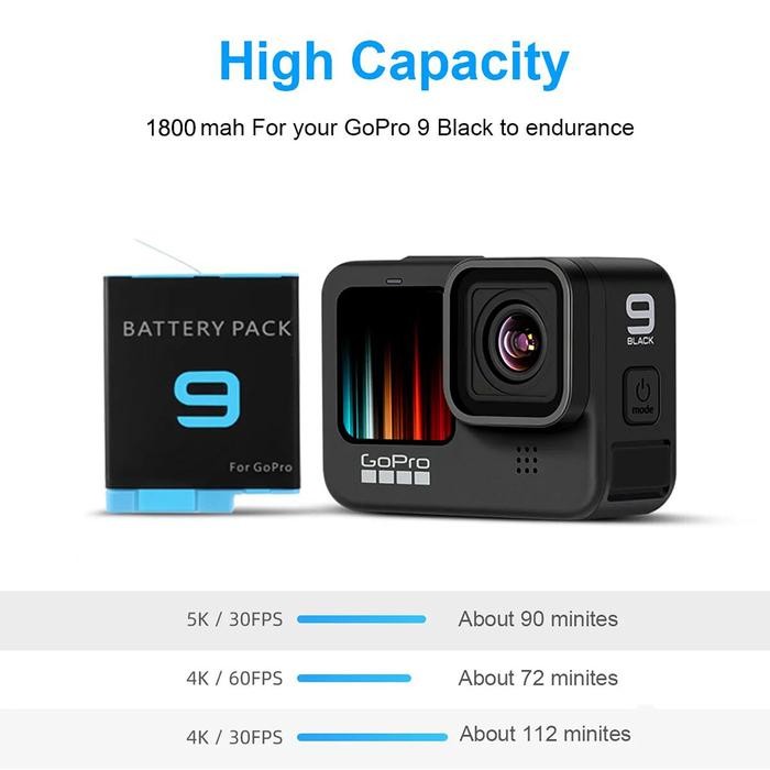 BATERAI FOR GOPRO HERO 9 10 11 12 BLACK 1800MAH GOPRO12 RECHARGEABLE BATTERY ACTION KAMERA