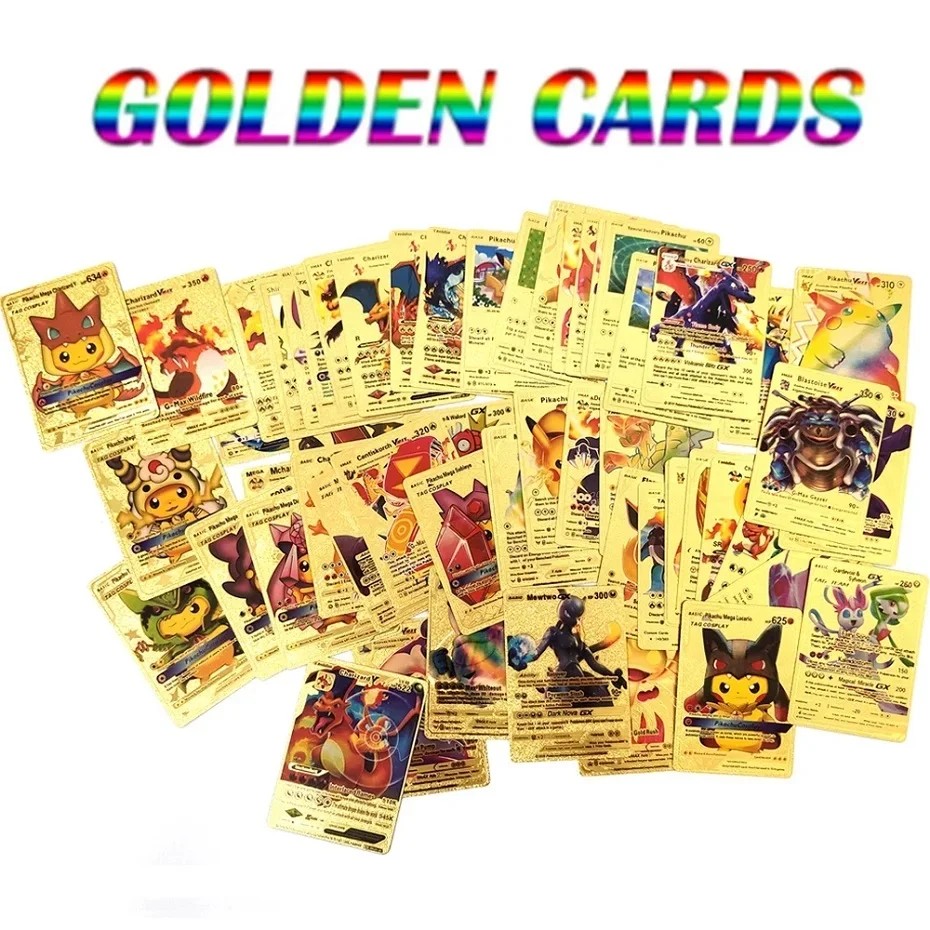 55Pcs Pokemon Gold Foil Card Vmax Gx Cards English Spanish German Pika u  arizard Arceus Colour