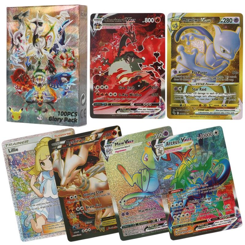 60-100Pcs English Pokemon Cards Holographic Ex Vstar Vmax Gx Letter Rainbow Arceus Shiny  arizard