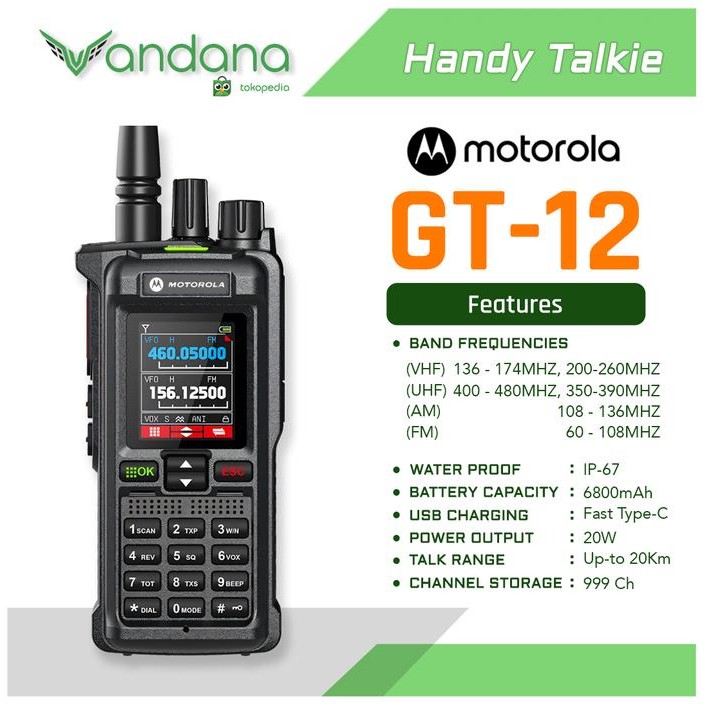 HT HANDY TALKY MOTOROLA GT-12 RANGE 20 KM OUTPUT 20W DAYA BATERAI 6800 MAH