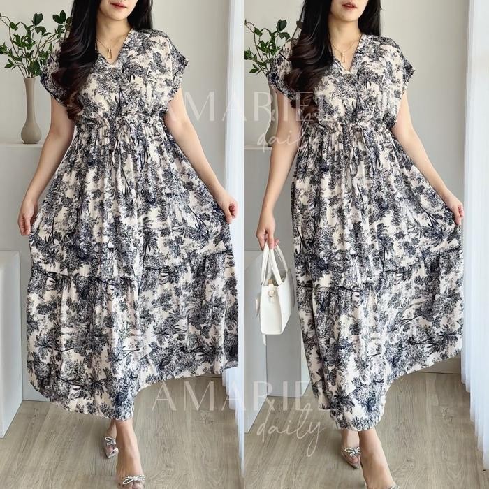 Amariel Kimono Serut Dress Panjang Daster Nyaman Kancing Bumil Busui Friendly Katun Rayon Lengan