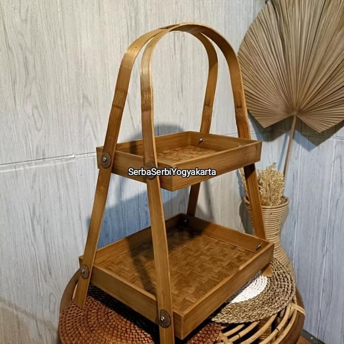 PREMIUM Rak Dapur Bambu 2 Susun / Tempat Wadah Bawang / Rak Tumpeng / Rak Buah / Tempat Bumbu / Rak