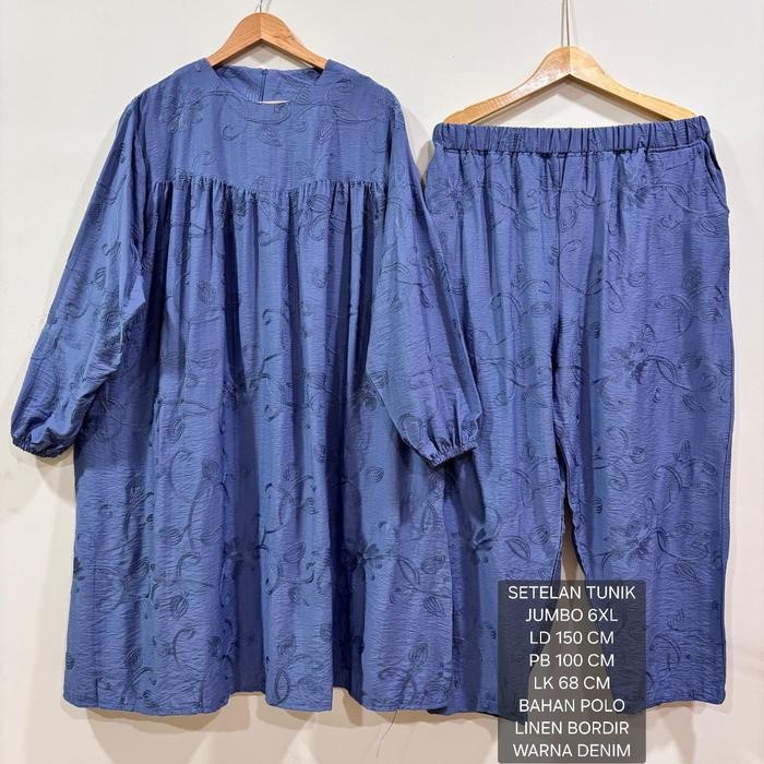 Setelan Tunik Super Jumbo Ld 150 Cm Bahan Polo Linen Bordir Koleksi Terbaru Fit To 6XL Celana Melar