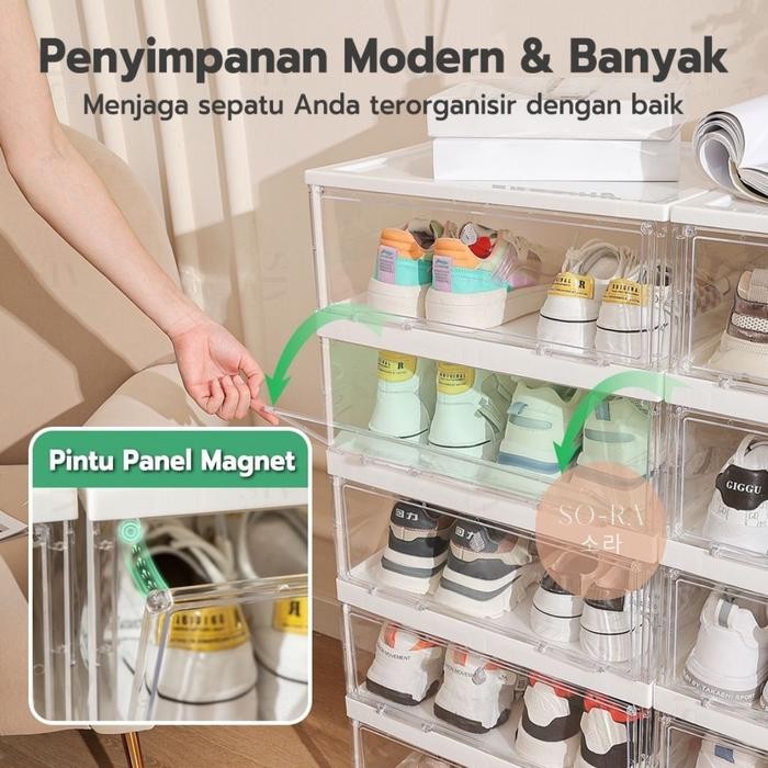 SORA Rak Sepatu 9 Tingkat 6 Tingkat Lipat Kokoh Rak Serbaguna Transparan Pintu Magnet Rak Serbaguna