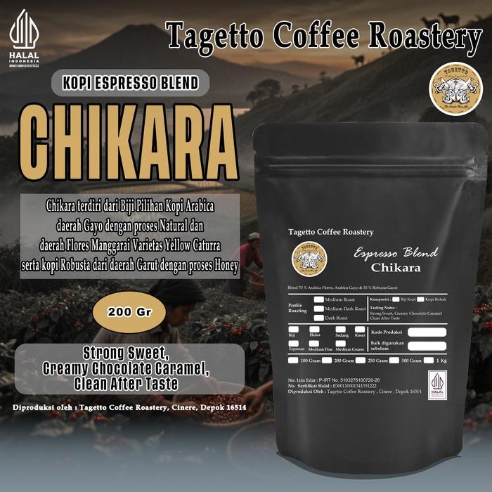 

BIJI KOPI ESPRESSO BLEND CHIKARA 200GR (HOUSE BLEND) BEAN GROUND BUBUK 200 GRAM TAGETTO COFFEE