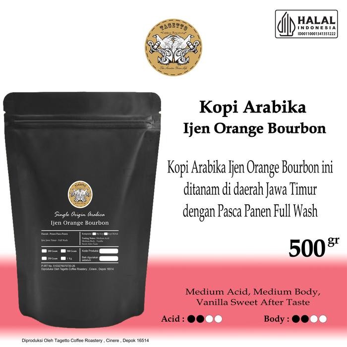 

BIJI KOPI ARABIKA IJEN ORANGE BOURBON 500GR ARABICA BEAN GROUND BUBUK 500 GRAM TAGETTO COFFEE