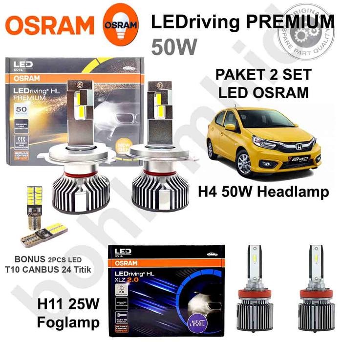 Lampu LED New Brio Osram Headlamp H4 80W Premium + Foglamp H11 XLZ 3.0 50W Car