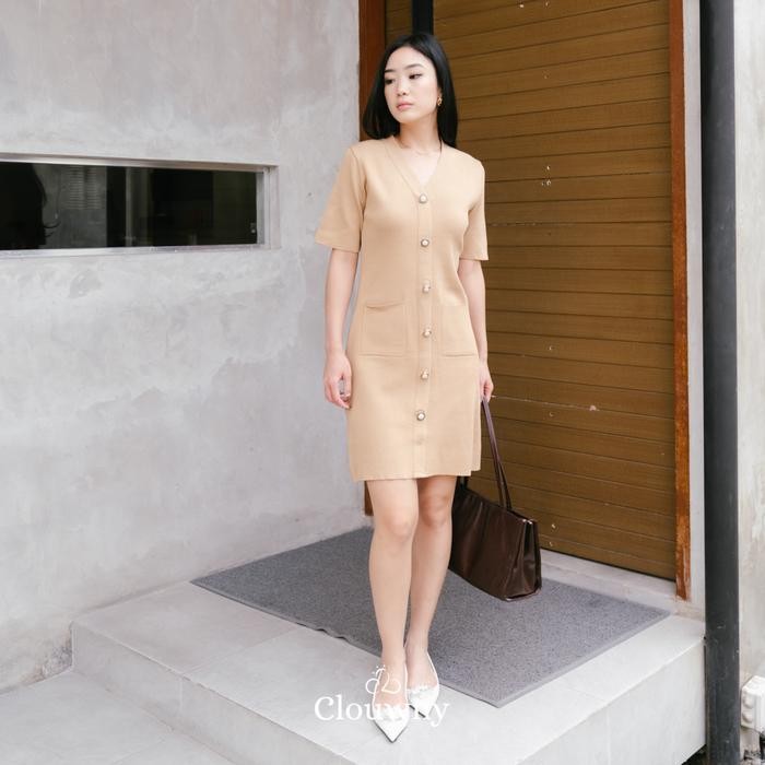 Clouwny Behati Button Dress Wanita Lengan Pendek Premium Knit Fit to XL Baju Pesta Gaun Mini Casual