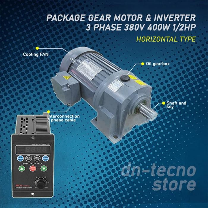 Paket motor induksi gearbox 3 phase 1/2 hp (400watt) + inverter 220V