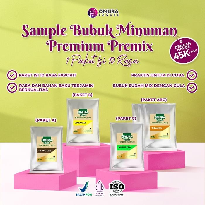 

Tersedia Bubuk Minuman Premium Mix Gula Sampel 40gr x 10pcs - Omura Blend