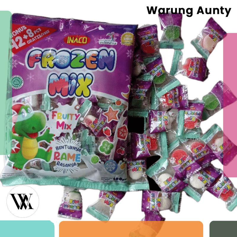 

INACO FROZEN MIX 120gr ISI 50 PCS FRUITY MIX REMBANG GULA LUNAK JELI YOGHURT ANEKA RASA CANDY PERMEN JELLY PERMEN CEMILAN ANAK MAKANAN RINGAN GROSIR MURAH Warung Aunty Murah Bandung