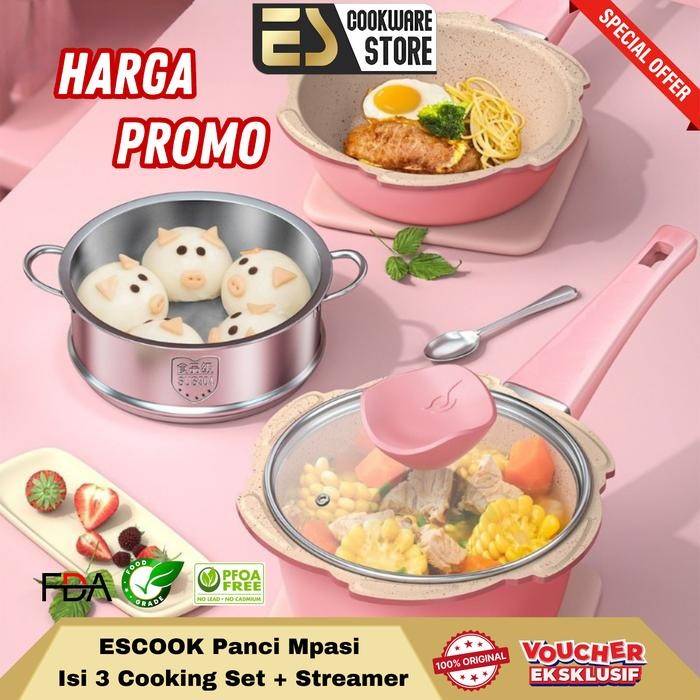 Bolde Cookware - Set Panci Mpasi 16Cm + Streamer Wajan Panci Keramik Tidak Mudah Lengket Set Isi 3