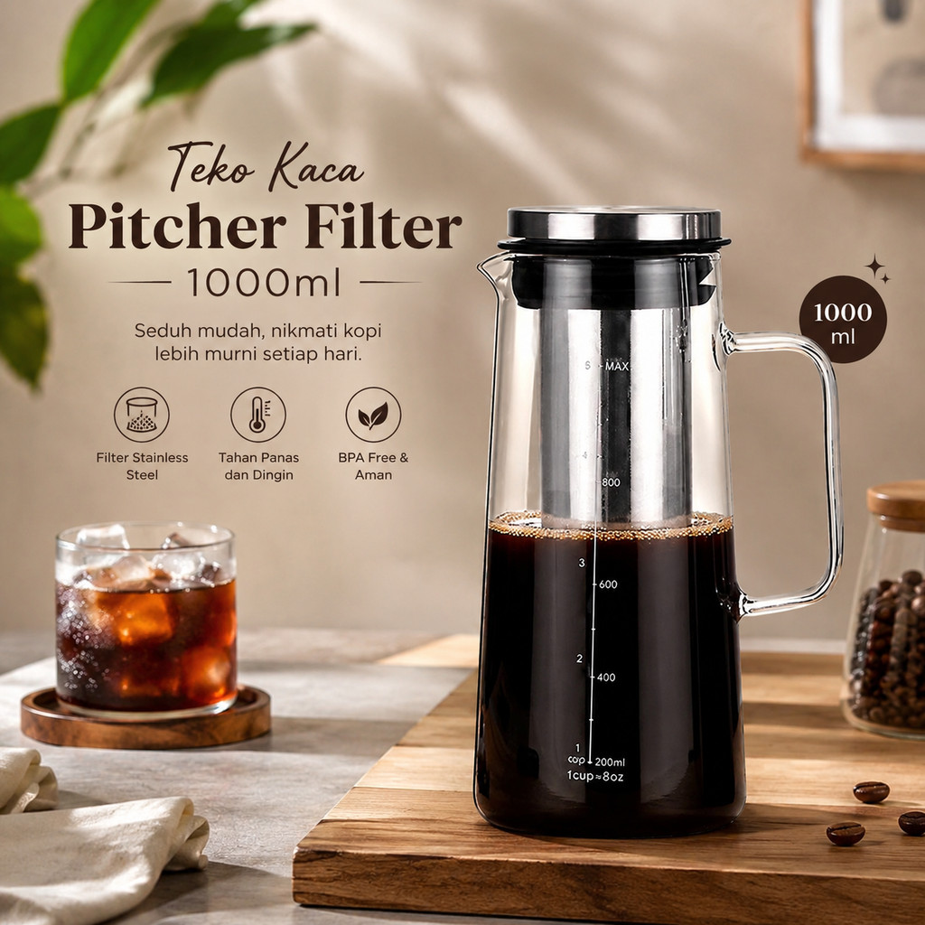 Teko Kaca Saringan Stainless Poci Seduh Teh Kopi Cold Brew Kapasitas Jumbo Elegan Meja Tamu Dapur