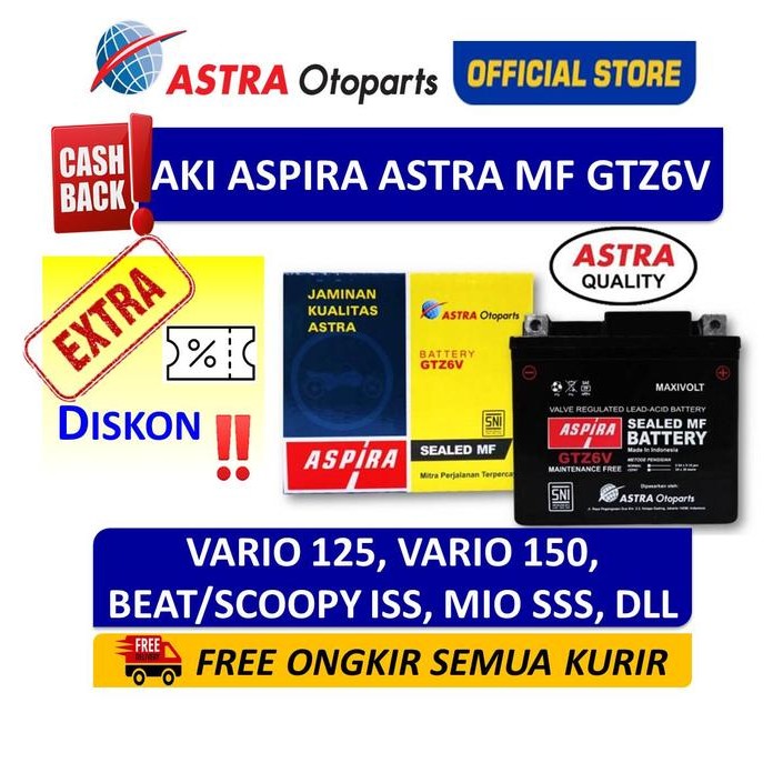 Aspira - Aki Motor Aspira Gtz6V Mf Vario 125 Vario 150 Beat Scoopy Iss Mio Sss