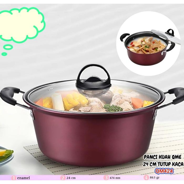 PANCI SUP ENAMEL ANTI LENGKET 24 CM QME PANCI KUAH ENAMEL ANTI LENGKET WARNA + TUTUP KACA QM424