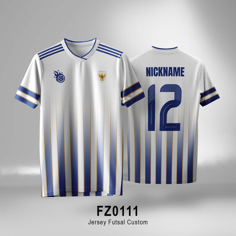 ATASAN BAJU JERSEY BOLA FUTSAL PUTIH GARIS BIRU CUSTOM LENGAN PENDEK
