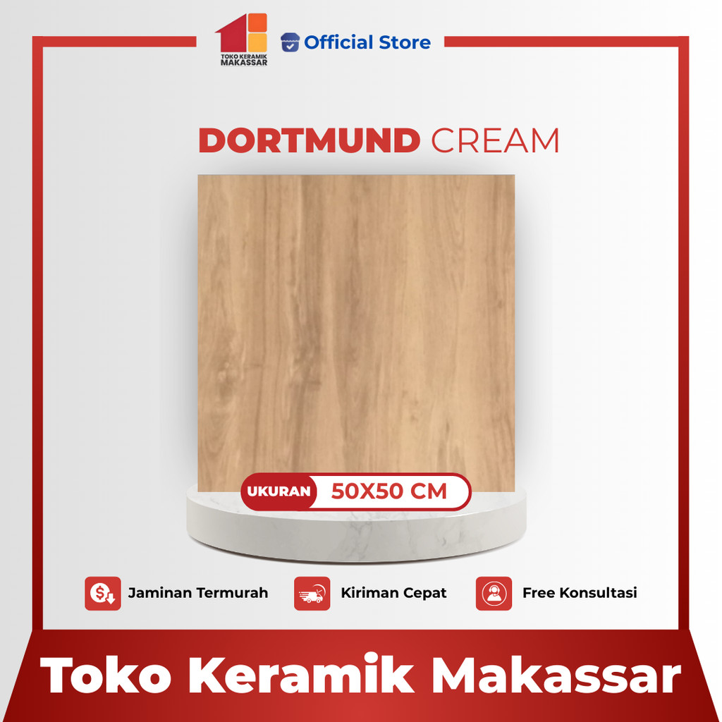Keramik Lantai Ukuran 50x50 Dortmund Cream Glossy Kilap Motif serat kayu