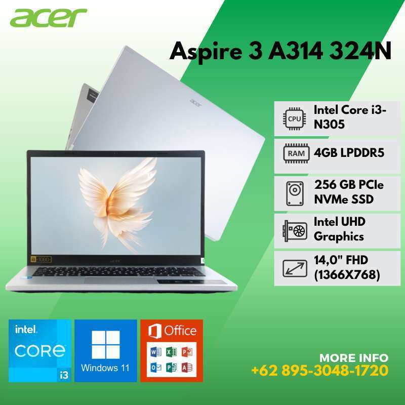 LAPTOP ACER ASPIRE 3 TERBARU 3 A314 36M 34WH INTEL CORE i3-N305 SSD 256GB PCIe NVMe SSD 4GB WINDOWS 