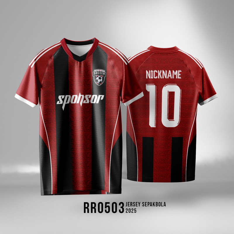 ATASAN BAJU JERSEY BOLA FUTSAL  MERAH GARIS HITAM KERAH CUSTOM LENGAN PENDEK