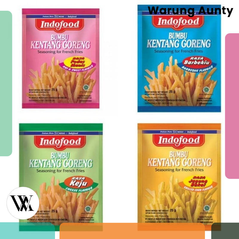 

BUMBU KENTANG GORENG INDOFOOD 25 GRAM RASA BARBEQUE JAGUNG BAKAR KEJU PEDAS MANIS BARBEKIU FRENCH FRIES SEASONING 25GR GR PINK BIRU HIJAU ORANGE Warung Aunty Murah Bandung