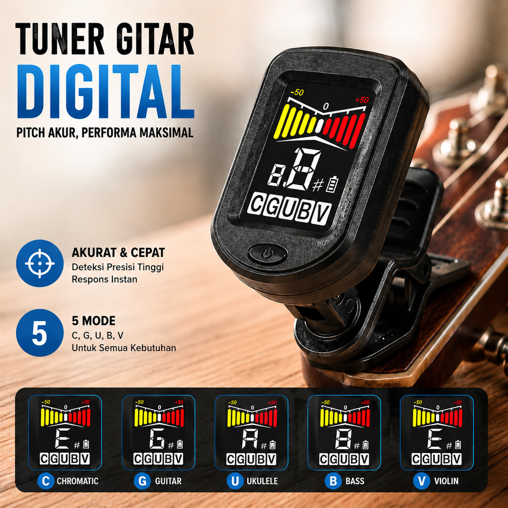 Tuner Gitar Digital Chromatic LCD Clip On ±0.5 Cent 360° untuk Gitar Bass Ukulele Biola - ACOUWAY AC