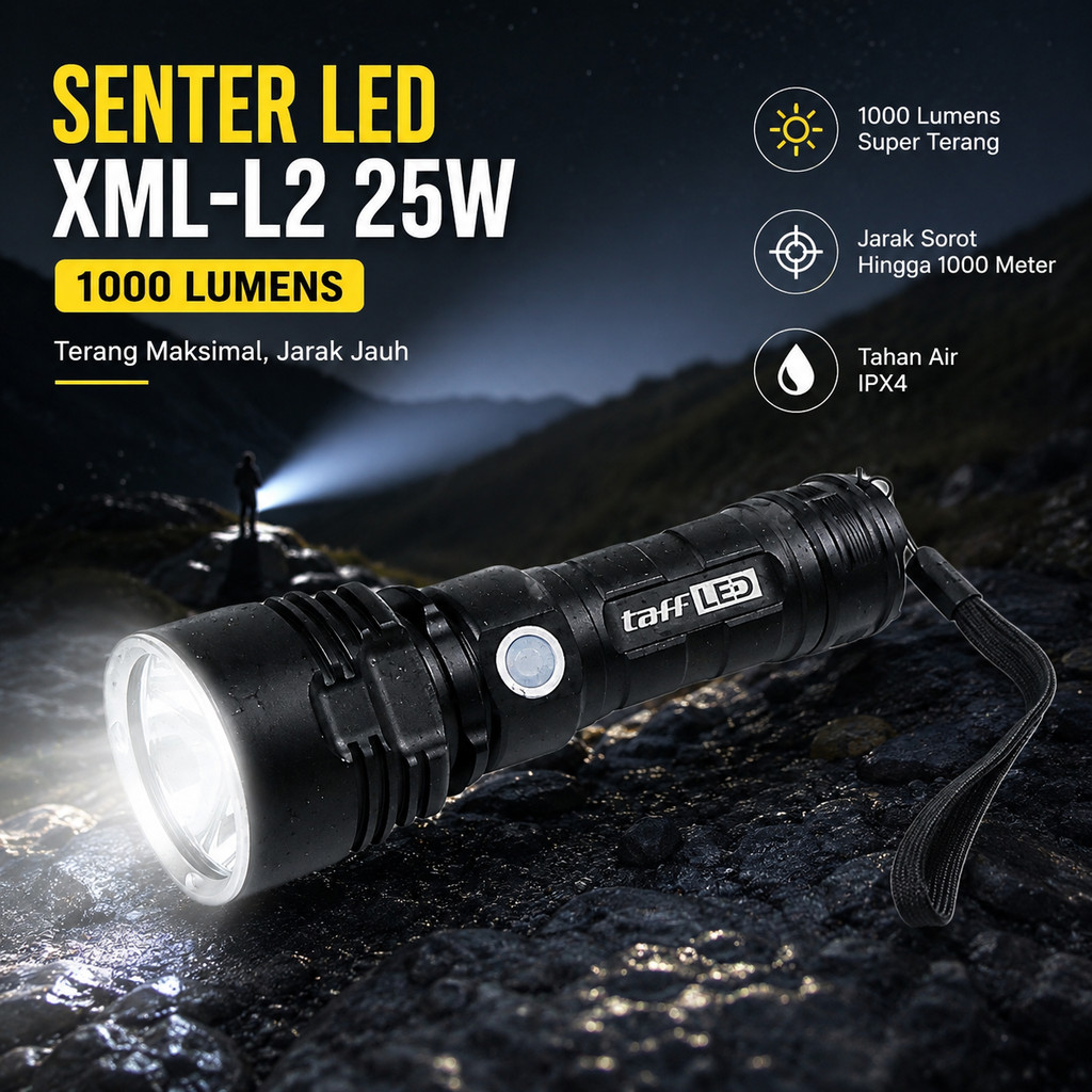 TaffLED Senter LED XML-L2 USB Rechargeable Long Range 25W 1000 Lumens - XML-L2