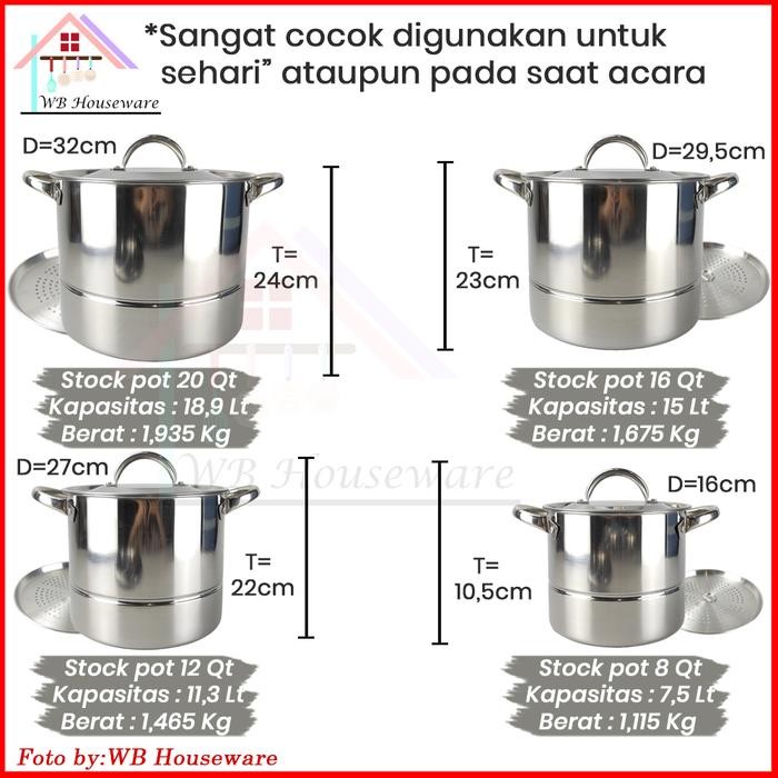 Supra Steamer 4 In 1 + Tutup Stainless / Panci Stockpot Kukus Besar + Sarangan 8/12/16/20Qt