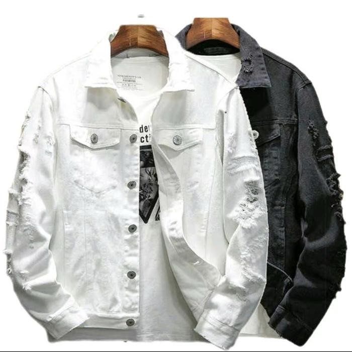Jaket Jeans Denim Pria Sobek Polos Premium Cowok Keren Hitam Distro Casual Blazer
