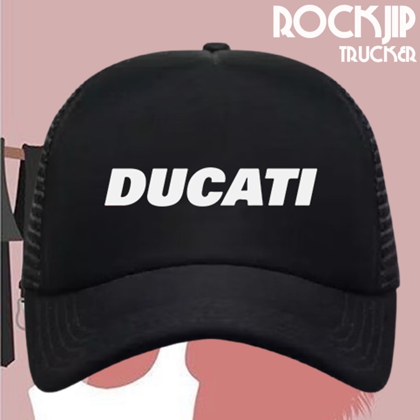 Jual Custom Topi Distro Trucker Jaring Snapback Balap Racing Pria Keren Ducati Putih Racing