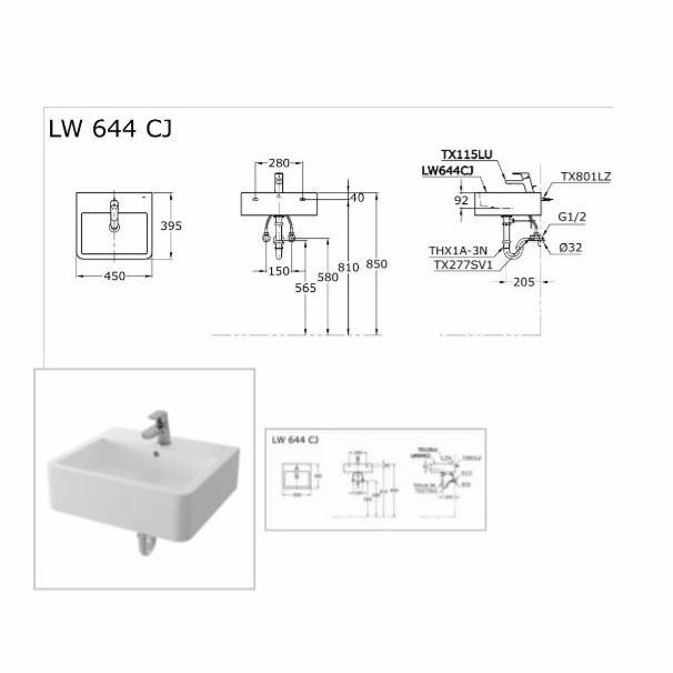 Wastafel Toto Lw 644 Cj / Lw644Cj Full Set Kran Dingin Tx109Kea