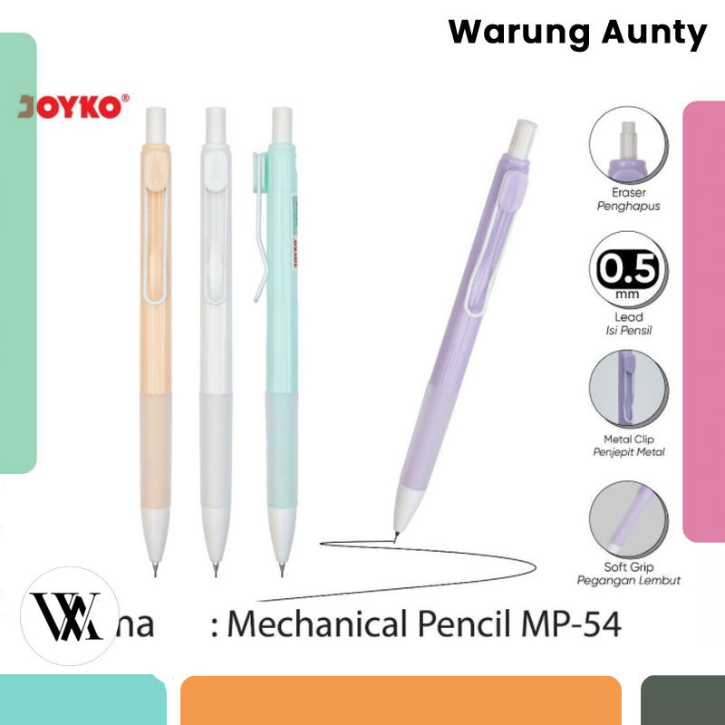 

JOYKO MP-54 MECHANIC PENCIL 0.5 MM METAL CLIP PLASTIC MP 54 PENSIL MEKANIK CETREK PLASTIK MECHANICAL PILOT WARNA WARNI PASTEL GROSIR MURAH ATK ALAT TULIS KANTOR SEKOLAH Warung Aunty Murah Bandung
