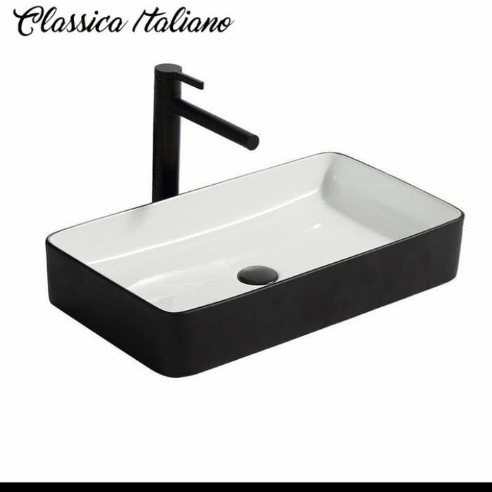 Classica Italiano Wastafel Cuci Tangan Keramik Kotak Mewah Hitam Putih